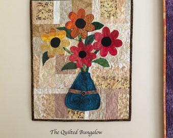 Modern Quilt Art, Floral Wall Quilt, 19" X 24" Quillted wall hanging