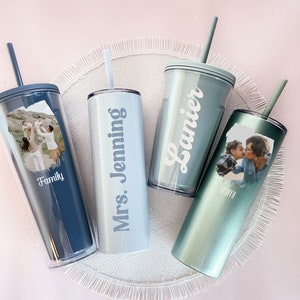 Personalized Tumbler, Personalized Cup, Gifts for Bridesmaids, Travel Mug, Insulated Double Walled, Skinny Tumbler with Straw (UVP)