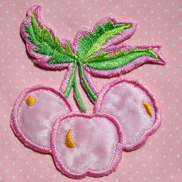 Floral Embroidered Satin Applique Patch  - Quality, pink and lime green satin cherry cluster, S95