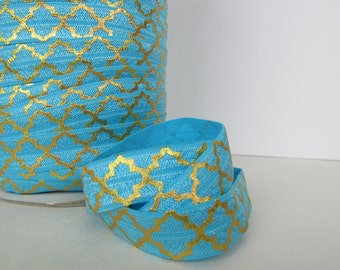 Metallic Gold Foil printed FOE, Big Quatrefoil AQUA BLUE, 5/8" Fold Over Elastic, Shiny, Choose Yardage, Low Shipping