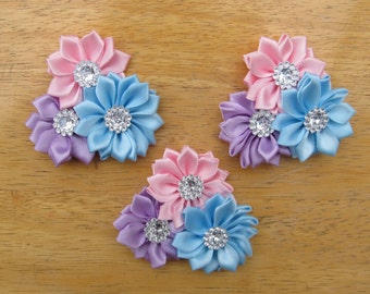 3 Spikey Satin Flower Clusters with rhinestone, Pink/Blue/Lavender, 2.5" Rosette Appliques headbands, tutu, ballerina, Low Shipping