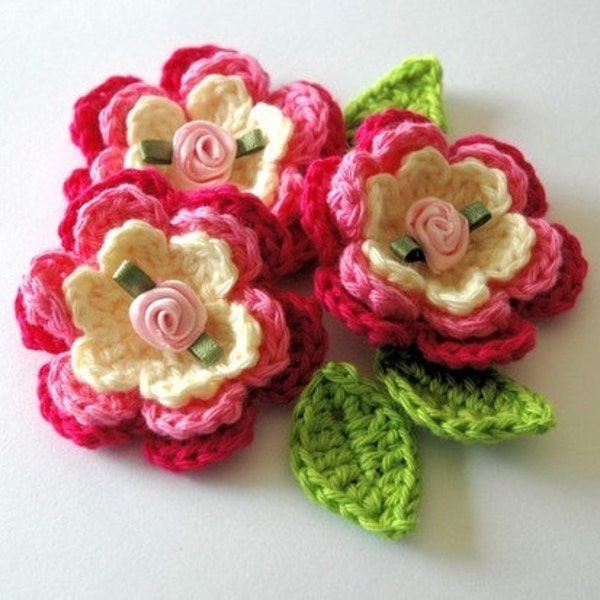 Crochet Flowers 3 Appliques Yellow Pink Burgundy with Pink Ribbon Rose Center 5.5 cm 2 in. Head Band Accessories Scrapbooking, Wrapping, B03