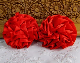 2 RED Satin Flower, Pleated Rosette, Appliques Hair Accessories, 6cm/2.4 inches, Low Shipping