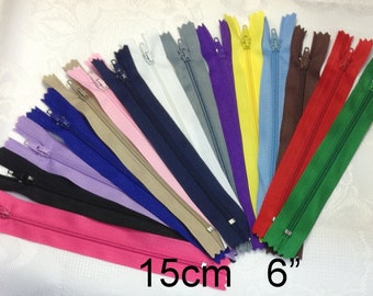 10 Zippers, 6 Inches #3 Nylon Coil Closed End Zipper 15cm, 6" for Clothes Garments bags purses Pillows, Crafts, Choose from 15 colours