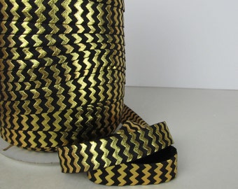 FOE Metallic Gold Foil printed foe, Chevron BLACK, 5/8" Fold Over Elastic, Shiny, Choose Yardage, Low Shipping