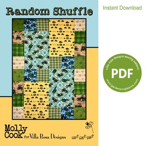 May include: A PDF sewing pattern for a quilt featuring a random shuffle of green and yellow tractor fabric squares. The pattern is titled "Random Shuffle" and is by Villa Rosa Designs.