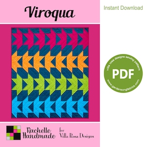 May include: A colorful quilt pattern titled "Viroqua" with a repeating star design in shades of blue, orange, green, and pink. The pattern is available as an instant PDF download from Villa Rosa Designs.