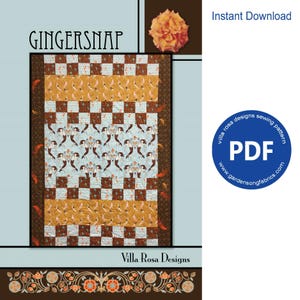 Peut inclure: Un modèle de courtepointe appelé "Gingersnap" de Villa Rosa Designs. Le motif présente un design en damier avec un imprimé floral bleu et blanc et un imprimé d'oiseaux jaune et blanc. Le motif est disponible en téléchargement instantané PDF.