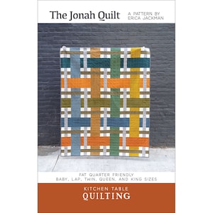 May include: The Jonah Quilt pattern by Erica Jackman. A colorful quilt with a geometric design in shades of orange, yellow, blue, green, and white. Fat quarter friendly, this quilt pattern is available in baby, lap, twin, queen, and king sizes. Kitchen Table Quilting.