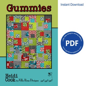Op de afbeelding: Een digitaal downloadpatroon voor een quilt genaamd "Gummies" van Villa Rosa Designs. De quilt heeft een patchwork-ontwerp met vierkanten van rode, groene, blauwe, grijze en witte stof. Het patroon is beschikbaar als PDF-download.