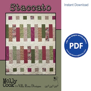 May include: A digital download PDF sewing pattern for a quilt called "Staccato" by Villa Rosa Designs. The quilt features a repeating pattern of vertical strips in shades of green, pink, and white.