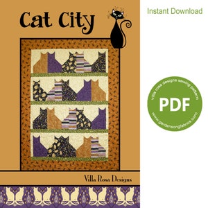 Könnte beinhalten: Ein PDF-Nähmuster für eine Steppdecke namens "Cat City" mit einem Design von Katzen in einer Stadtlandschaft. Das Muster ist zum sofortigen Download bei Villa Rosa Designs erhältlich.