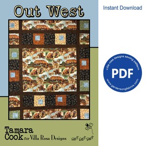 Pode incluir: Um padrão de colcha intitulado "Out West" com um painel central com cowboys a cavalo e carroças cobertas. O design inclui bordas marrons e detalhes quadrados. O padrão é um download em PDF de Tamara Cook para Villa Rosa Designs.