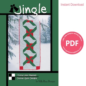 May include: A Christmas-themed quilt pattern titled "Jingle." The design features a central panel with green and red geometric shapes on a white background, framed by a red border. The pattern is available as an instant PDF download.