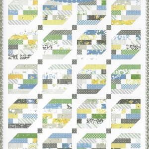 May include: A quilt pattern titled "Coriander Quilts by Corey Yoder" featuring a repeating geometric design. The quilt blocks are composed of rectangular patches in shades of yellow, green, blue, and gray, with floral and patterned fabrics. The pattern is labeled "#172 Crosswinds".