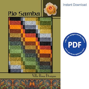 Puede incluir: Un patrón de costura PDF descargable instantáneamente para una colcha llamada "Rio Samba" de Villa Rosa Designs. La colcha presenta un patrón geométrico colorido con una variedad de colores, incluyendo rojo, naranja, amarillo, verde, azul y marrón.