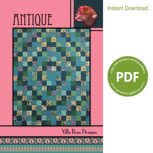 May include: A digital download PDF pattern for a quilt called "Antique" by Villa Rosa Designs. The quilt is made of squares in shades of blue, green, and pink. The pattern is available for instant download.