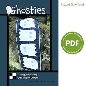May include: A PDF sewing pattern for a quilt featuring a row of blue and white ghosts. The pattern is titled "Ghosties" and is by Villa Rosa Designs.