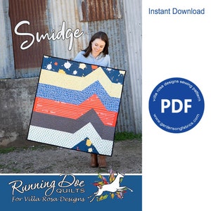Può includere: Una donna tiene in mano una trapunta colorata con un motivo geometrico. La trapunta si chiama "Smidge" ed è un modello di cucito di Villa Rosa Designs. Il modello è disponibile per il download immediato in formato PDF da Gardensongfabrics.com.