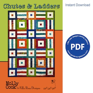 May include: A colourful quilt pattern called "Chutes & Ladders" by Villa Rosa Designs. The pattern features a grid of squares with different coloured fabrics and designs. The pattern is available as an instant download PDF.