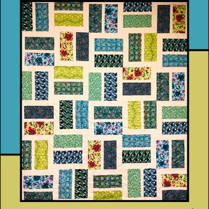 May include: A quilt pattern called "Lickety Split" by Molly Cook for Villa Rosa Designs. The quilt features a patchwork design with various blue, green, and yellow fabrics.
