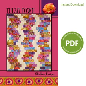 May include: A colorful quilt pattern called "Tulsa Town" by Villa Rosa Designs. The pattern features a zig-zag design with a variety of colors and patterns. The pattern is available as an instant download PDF.