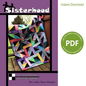 May include: A colorful quilt pattern titled "Sisterhood" by Tricia Lynn Maloney for Villa Rosa Designs. The quilt features a black background with bright, geometric shapes in various colors, including pink, blue, yellow, and green. The pattern is available as an instant download in PDF format.