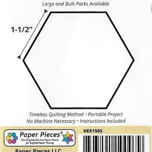 May include: A package of pre-cut paper hexagons for English paper piecing. The package includes 50 pieces, each measuring 1-1/2 inches across. The product is from Paper Pieces, designed for quilting projects.