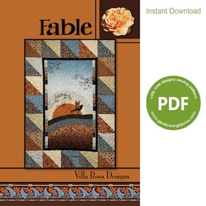May include: A digital download PDF sewing pattern for a quilt titled "Fable" by Villa Rosa Designs. The quilt features a bird silhouette against a sunset with a geometric pattern in shades of brown, blue, and cream.