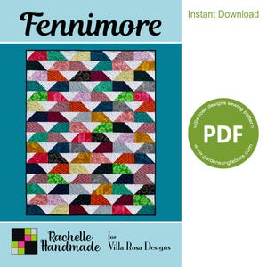 May include: A colorful quilt pattern titled "Fennimore" with a geometric design. The quilt features triangles in various colors including red, green, orange, and blue. The image also includes the text "Instant Download" and "PDF".
