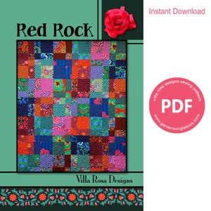 May include: A colorful quilt pattern called "Red Rock" by Villa Rosa Designs. The pattern features a patchwork of squares in various shades of red, orange, pink, blue, green, and purple. The pattern is available as a PDF download.