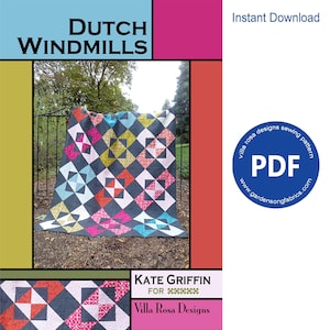 May include: A quilt with a Dutch Windmills pattern, featuring a dark gray background and colorful diamond shapes in pink, orange, yellow, and blue. The quilt is displayed outdoors. The image also includes text that says "Instant Download" and "PDF".