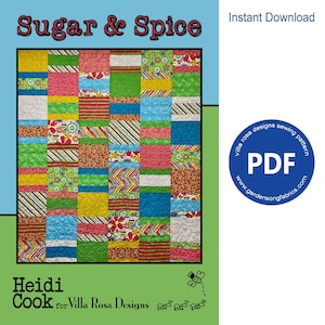 Könnte beinhalten: Ein farbenfrohes Quiltmuster namens "Sugar & Spice" von Heidi Cook für Villa Rosa Designs. Das Muster zeigt eine Vielzahl von bunten Quadraten und Rechtecken in einem Patchwork-Design. Das Muster ist als PDF-Download erhältlich.