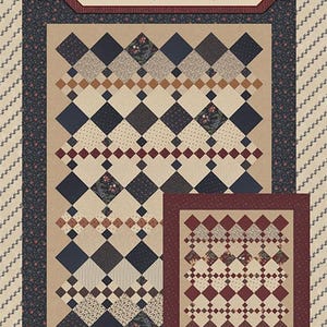 May include: A quilt pattern titled "Argyle Path" by Kansas Troubles Quilters. The quilt features a repeating diamond pattern in navy, tan, and burgundy. The design includes a smaller version of the quilt. The background is a cream color with a floral pattern.