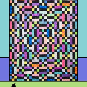 May include: A quilt pattern called "Transcendent" by Melissa Milligan for Villa Rosa Designs. The quilt features a black and white checkerboard pattern with colorful strips of fabric in various colors, including pink, purple, blue, green, yellow, and orange.