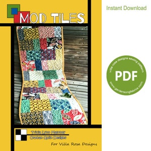 May include: A colorful quilt pattern called "Mod Tiles" designed by Tricia Lynn Maloney for Villa Rosa Designs. The pattern is available as an instant download PDF.