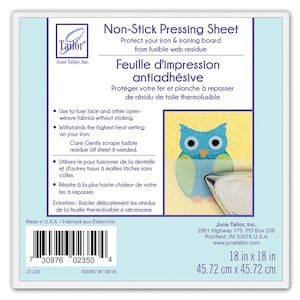 May include: Non-stick pressing sheet by June Tailor, 18 x 18 inches, protects iron and ironing board from fusible web residue. Features an owl applique and text in English and French.