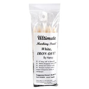 May include: A clear plastic bag containing several white "Ultimate Marking Pencils." The label reads "White, IRON OFF!" and includes instructions. Each pencil is 6 inches long and 3/8 inch in diameter.
