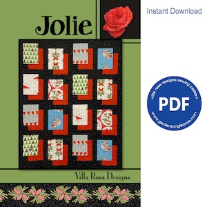 May include: A digital PDF sewing pattern for a quilt called "Jolie" by Villa Rosa Designs. The quilt features a black background with red, green, and blue squares with various patterns. The pattern is available for instant download.