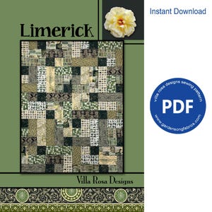 May include: A digital PDF sewing pattern titled "Limerick" by Villa Rosa Designs. The quilt design features a patchwork of green, tan, and brown fabrics. The image includes a flower and the words "Instant Download".