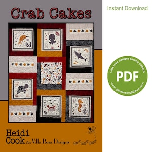 May include: A quilt pattern titled "Crab Cakes" featuring various marine life designs, including a narwhal, octopus, shark, turtle, crab, and seahorse. The quilt has a patchwork design with squares and rectangles in shades of red, black, and yellow. The pattern is an instant download.