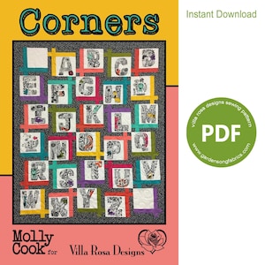 May include: A colorful alphabet quilt pattern with the word "Corners" in a teal blue font. The pattern is designed by Villa Rosa Designs and is available as an instant download PDF.