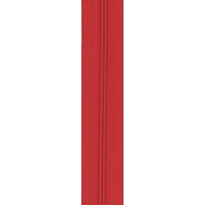May include: A red zipper with a metal slider. The zipper is closed and the slider is in the center of the zipper.