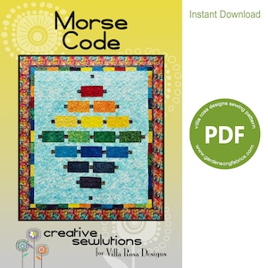 Può includere: Un modello di trapunta colorato con un design in codice Morse in uno schema di colori arcobaleno. Il modello è intitolato "Codice Morse" ed è disponibile come download istantaneo in PDF da Villa Rosa Designs.