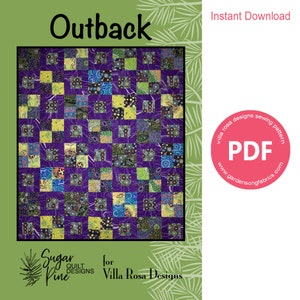 May include: A digital download pattern for a quilt called "Outback" by Villa Rosa Designs. The quilt features a patchwork design with a purple background and colorful squares.