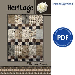 May include: A quilt pattern titled "Heritage" with a patchwork design in shades of brown, beige, and black. The pattern includes squares and rectangular blocks with various textures and patterns. The words "Instant Download" and "PDF" are also visible.
