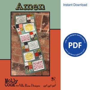 May include: A PDF sewing pattern for a table runner with a patchwork design featuring the word "Amen" in a circle. The pattern is by Villa Rosa Designs and is available for instant download.