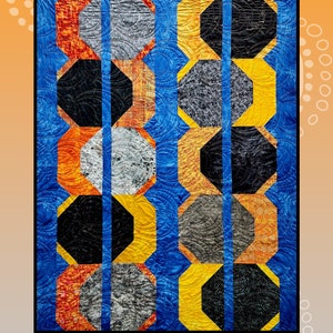 May include: A quilt pattern called "Eclipses" featuring a geometric design of octagons in black, yellow, orange, gray, and blue. The quilt is made with a variety of fabrics and has a quilted texture. The text "creative sewlutions for Villa Rosa Designs" is at the bottom of the image.