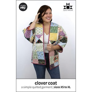 May include: A patchwork quilted clover coat in various colors, including pink, yellow, green, and blue. The coat has a simple design and is open in the front. The text at the bottom reads "clover coat" and "a simple quilted garment | sizes XS to XL."