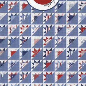 May include: A quilt pattern featuring a repeating design of star-shaped blocks in red, white, and blue fabrics. The blocks are set against a light blue background. The text "prairie grass patterns" is in a red circle, and "frontier #197" is at the bottom.